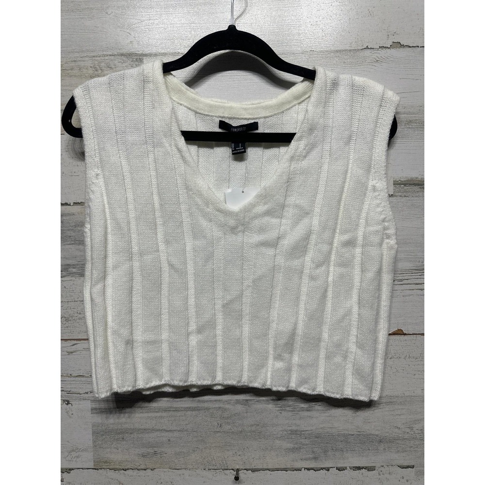 Forever 21 Sweater Vest Women Small White Ribbed Cropped V-Neck Preppy NWT